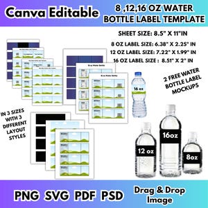 8オンス 12オンス 16オンス ウォーターボトルラベルバンドル Canva 編集可能な空白テンプレート ウォーターボトルステッカー イベントアイテム DIYラベルテンプレート SVG ドラッグ＆ドロップ