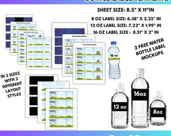 Lot d'étiquettes pour bouteille d'eau de 8 oz 12 oz, 16 oz Modèle vierge modifiable Canva Autocollant pour bouteille d'eau Articles événementiels Modèle d'étiquette bricolage Drag & Drop SVG