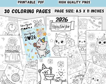 Lot de 30 pages à colorier pour le Nouvel An 2026, 30 feuilles de coloriage imprimables pour le réveillon du Nouvel An pour les enfants, mignons anti-stress audacieux et facile à colorier fichier PNG PDF