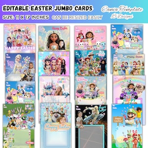 May include: A collection of 15 editable Easter jumbo cards, each 11 x 17 inches, featuring various designs. The cards showcase characters from popular movies and cartoons, with "Happy Easter" text and space for personalization.