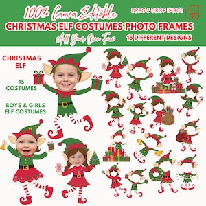 May include: A graphic featuring Christmas elf costumes photo frames. The image includes 15 different designs with elf costumes in red and green. Text on the image reads "100% Canva Editable" and "Add Your Own Face".