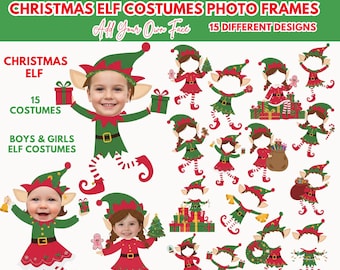 15x Weihnachtself Kostüme fügen Sie Ihr eigenes Foto Gesicht, DIY Elf Sich PNG Bündel, Elfen Gesicht Rohling Christus Handwerk, WeihnachtsBulletin Board Klasse Dekor