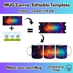 May include: An image showing a mug design template with the text "MUG Canva Editable Template" and size options of 11 OZ, 12 OZ, and 15 OZ. The design features a colorful geometric pattern.