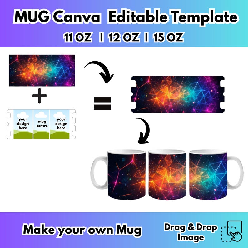May include: An image showing a mug design template with the text "MUG Canva Editable Template" and size options of 11 OZ, 12 OZ, and 15 OZ. The design features a colorful geometric pattern.