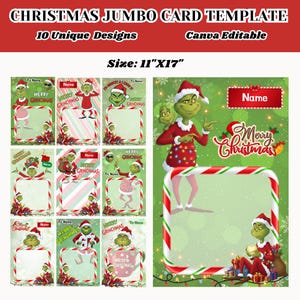 Puede incluir: Plantilla de tarjeta navideña gigante con 10 diseños únicos, editable en Canva. Las tarjetas miden 28 x 43 cm y presentan al Grinch en varias poses con bordes de bastones de caramelo y el texto "Merry Christmas".