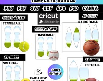 Ensemble de modèles de panneaux sportifs, panneau modifiable Canva, panneau de baseball, panneau de basket-ball, balle de tennis-molle, panneau de sports svg png, panneau de football