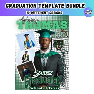 May include: A graduation template bundle with the text "GRADUATION TEMPLATE BUNDLE" and "10 DIFFERENT DESIGNS". The design includes a photo of a graduate, the name "THOMAS", and the year "2026". The words "SENIOR GRADUATE" and "School of Texas" are also included.
