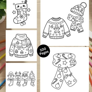 Puede incluir: Ilustraciones en blanco y negro de art&iacute;culos con tem&aacute;tica navide&ntilde;a. Incluye un calcet&iacute;n, un su&eacute;ter, un gorro, una bufanda y una colecci&oacute;n de calcetines con hombres de jengibre y otros personajes festivos. Tambi&eacute;n est&aacute; presente el texto "100 P&aacute;ginas".