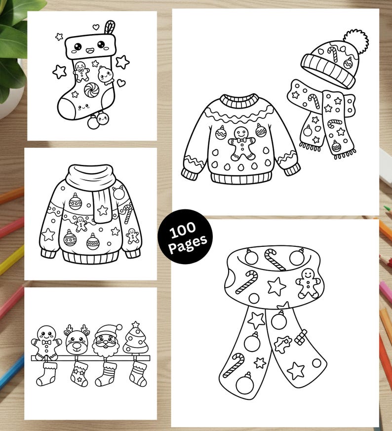 Puede incluir: Ilustraciones en blanco y negro de art&iacute;culos con tem&aacute;tica navide&ntilde;a. Incluye un calcet&iacute;n, un su&eacute;ter, un gorro, una bufanda y una colecci&oacute;n de calcetines con hombres de jengibre y otros personajes festivos. Tambi&eacute;n est&aacute; presente el texto "100 P&aacute;ginas".