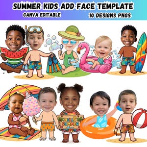 Könnte beinhalten: Eine digitale Vorlage mit dem Titel SUMMER KIDS ADD FACE TEMPLATE CANVA EDITABLE 10 DESIGNS PNGS, die zehn Cartoon-Illustrationen von Kindern in Sommerkleidung zeigt, darunter Badeanzüge, Taucherbrillen und Strandzubehör, zum Einfügen von Gesichtern.