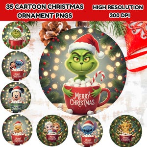 May include: A collection of cartoon Christmas ornament PNGs. The ornaments feature various characters, including the Grinch, Mickey Mouse, and Stitch, each in a red mug with marshmallows and a candy cane. The text "Merry Christmas" is visible on the mugs.