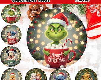 Lot de 35 décorations de Noël en dessin animé PNG, motifs ronds à sublimation suspendus, décorations de Noël monstre vert à la mode, cliparts personnage grincheux