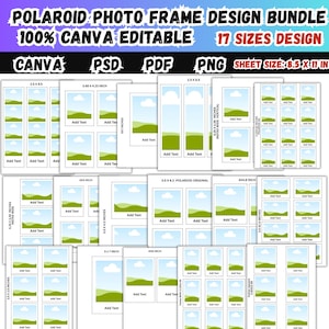 Puede incluir: Un paquete de diseños de marcos de fotos Polaroid, 100% editables en Canva, con 17 tamaños. Los diseños incluyen varios tamaños, como 6,35x21,59 cm, 8,84x10,74 cm y 10,16x12,19 cm. El tamaño de la hoja es de 21,59x27,94 cm.