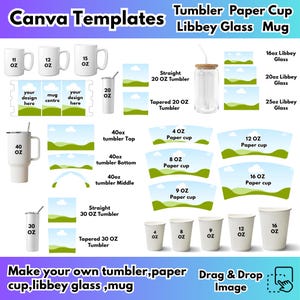 Może przedstawiać: Zestaw szablonów do tworzenia niestandardowych projektów na kubki, szklanki, kubki papierowe i szklanki Libbey. Obraz przedstawia różne rozmiary, takie jak kubki 325 ml, 355 ml, 444 ml oraz kubki od 118 ml do 1183 ml. Tekst zawiera "Canva Templates" i "Make your own tumbler, paper cup, libbey glass, mug."