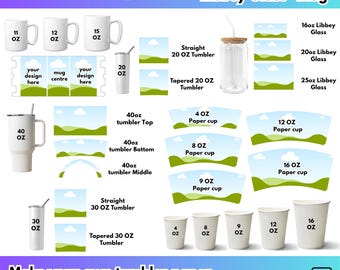 Ensemble de modèles modifiables sur toile pour emballage de gobelet, gobelet 40 oz 30 oz maigre 20 oz, grand gobelet 11 oz en verre Libbey 16 oz