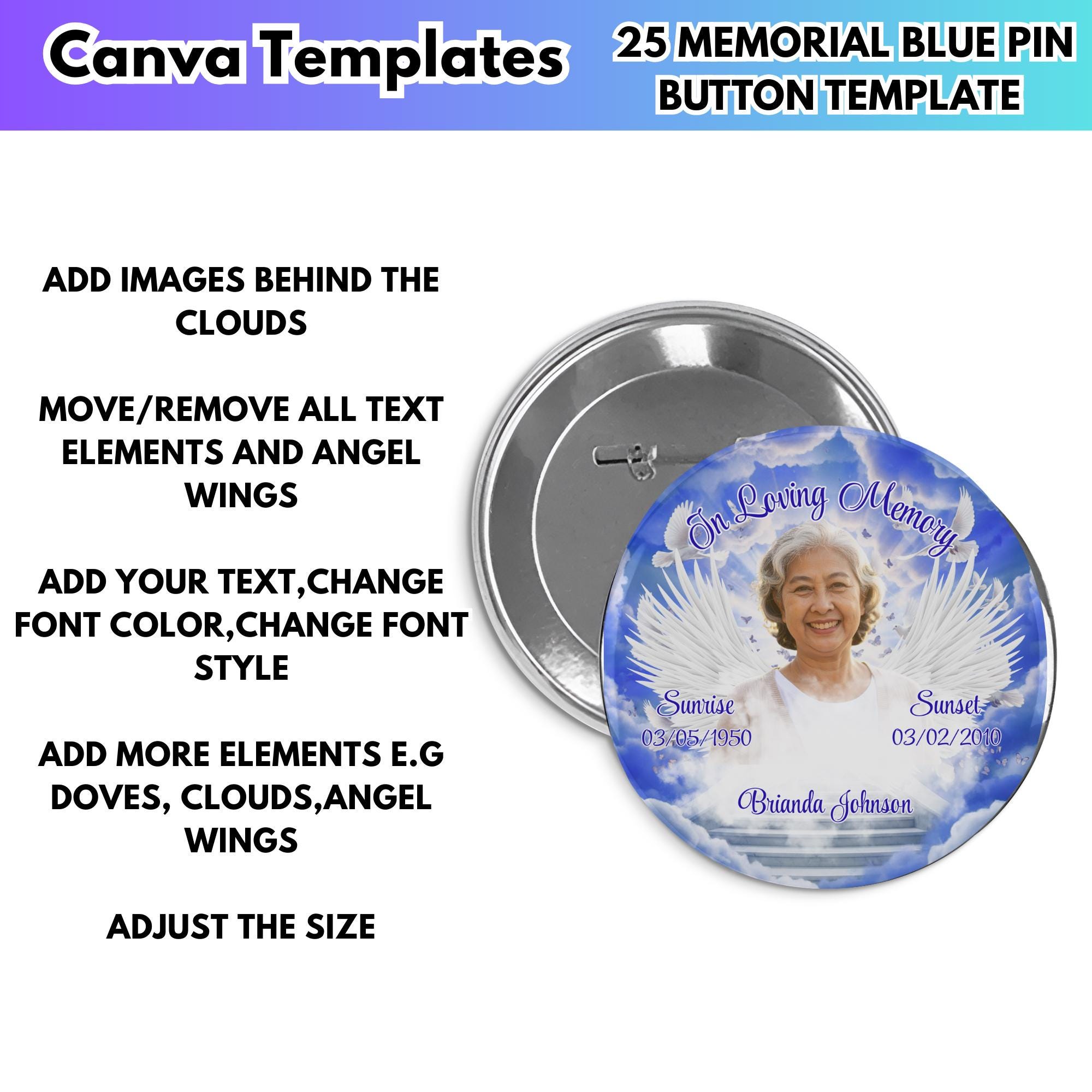 Memory Rip Word Disign 25x in Loving Memory Blue Pin Button Templates,mega Memorial RIP Photo ...
