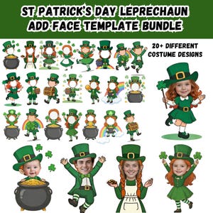 May include: A digital bundle of St. Patrick's Day leprechaun face template designs. The image features various leprechaun costume designs, including pots of gold, rainbows, and shamrocks. The text reads "St. Patrick's Day Leprechaun Add Face Template Bundle" and "20+ Different Costume Designs."