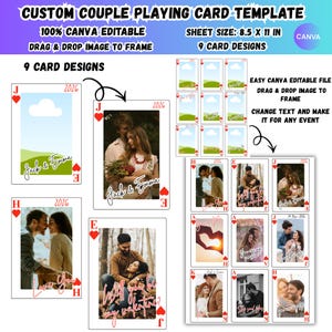 May include: Custom couple playing card template with 9 designs. The cards are 8.5 x 11 inches and Canva editable. Each card features a photo of a couple, with text such as "Jack & Emma" and "Love You".