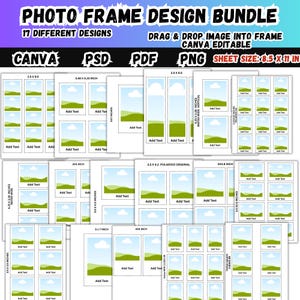 May include: A digital photo frame design bundle featuring 17 different layouts on 8.5 x 11 inch sheets. The collection includes Canva, PSD, PDF, and PNG file formats with drag and drop functionality. Each frame displays a landscape graphic.