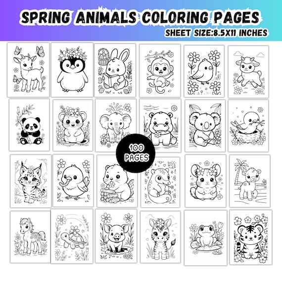 Spring Animals Coloring Pages Bundle,Cute Kawaii Bold Easy Coloring Book,Easter Coloring Sheets Cards,Coco Wyo Stress Relief Kids Activities