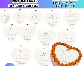 Paquete de plantillas para adornos de tartas Burn Away, calendario digital editable de Canva 2026, diseños de decoración de tartas con forma de corazón, adorno imprimible para calendario de cumpleaños.