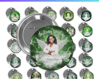 25 x modèle de bouton épingle vert souvenir d'amour, badge photo RIP Mega Memorial, modèles PNG, cadeaux funéraires, ensemble de conception numérique modifiable Canva