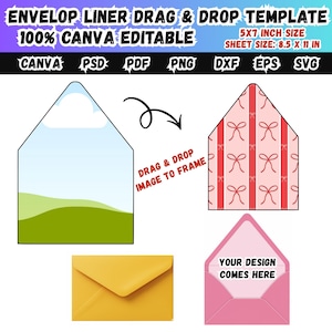 Peut inclure: Un modèle de doublure d'enveloppe par glisser-déposer avec le texte "100% Canva Editable". L'image montre des exemples de motifs d'enveloppes, dont un paysage, un motif de nœuds et une enveloppe rose avec le texte "Your Design Comes Here". La taille de la feuille est de 21,59 x 27,94 cm.