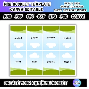 May include: A template for a mini booklet with a blue sky and cloud design. The template includes pages labeled "front", "back", "page 1", and "page 2". Text includes "Mini Booklet Template" and "Canva Editable".