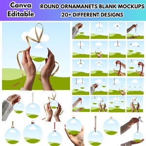 May include: A mockup image featuring round ornament designs with a landscape scene. The image includes the text "Canva Editable" and "ROUND ORNAMANETS BLANK MOCKUPS 20+ DIFFERENT DESIGNS". The ornaments are held by hands and displayed with various ribbon and string options.
