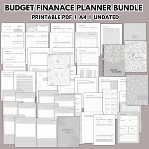 May include: A collection of printable budget planners in various layouts, including monthly, daily, and financial goal trackers. The bundle features a gray and white color scheme, with floral and leaf accents. The text "BUDGET FINANACE PLANNER BUNDLE" and "PRINTABLE PDF I A4 I UNDATED" are visible.