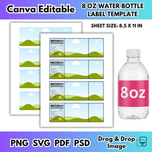 May include: A water bottle label template with a landscape design, featuring a blue sky, green hills, and a nutrition facts section. The sheet size is 8.5 x 11 inches. An 8 oz water bottle is shown with a pink label.