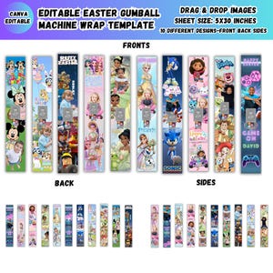 May include: A template for an Easter gumball machine wrap. The design includes various characters and themes, such as Disney's Mickey Mouse, Frozen, and Sonic. The text on the template reads "Editable Easter Gumball Machine Wrap Template". The sheet size is 5x30 inches.