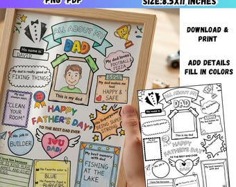 Fathers Day Activity Printable Gift,All About My Dad Interview,Kids Fill In The Blank Worksheet,Dad Coloring Page Craft Instant Access PDF