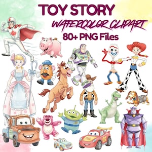 Puede incluir: Clipart de acuarela con personajes de la franquicia de películas Toy Story. La imagen incluye ilustraciones de Woody, Buzz Lightyear, Jessie y otros personajes. El texto en la parte superior dice "TOY STORY WATERCOLOR CLIPART" y "80+ PNG Files."