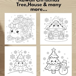 Puede incluir: Ilustraciones en blanco y negro de personajes kawaii con tem&aacute;tica navide&ntilde;a. La imagen incluye un trineo lleno de regalos, una casa de jengibre, un &aacute;rbol de Navidad y un mu&ntilde;eco de nieve. El texto en la parte superior dice "Kawaii Christmas Tree, House & many more..."