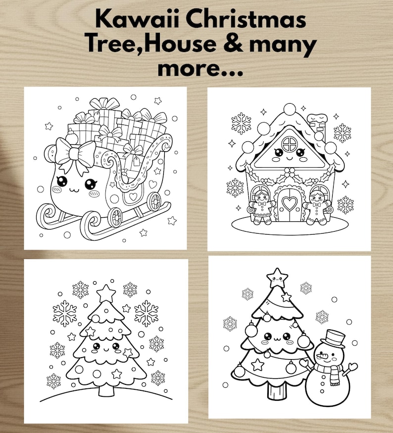 Puede incluir: Ilustraciones en blanco y negro de personajes kawaii con tem&aacute;tica navide&ntilde;a. La imagen incluye un trineo lleno de regalos, una casa de jengibre, un &aacute;rbol de Navidad y un mu&ntilde;eco de nieve. El texto en la parte superior dice "Kawaii Christmas Tree, House & many more..."