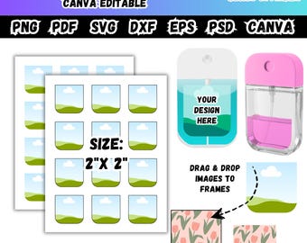 Etiqueta editable para botella de desinfectante de manos en Canva, etiqueta en blanco para desinfectante de manos en formato SVG, PNG y DXF, mini etiquetas para desinfectantes de manos, plantilla de etiqueta personalizada para desinfectantes.