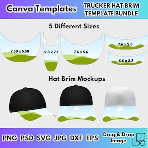 Puede incluir: Un paquete de diseño digital para gorras de camionero. La imagen muestra cinco tamaños diferentes de viseras de sombrero con medidas en cm y tres maquetas de sombrero. El texto incluye "Canva Templates", "Trucker Hat Brim Template Bundle" y formatos de archivo: PNG, PSD, SVG, JPG, DXF, EPS.