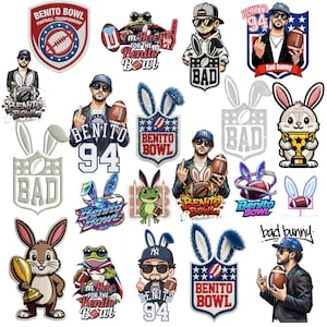 May include: A collection of cartoon graphics featuring a football theme. Designs include a shield with a football, a frog with a football, and a bunny holding a trophy. The text includes "Benito Bowl" and "Bad Bunny".