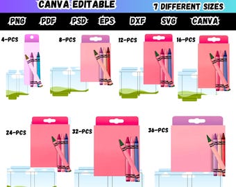 Lot de 7 modèles de boîte à crayons, coffret cadeau mini stylo cire, boîte à crayons SVG, boîte de fournitures scolaires, modèle de couleur de cire, modèle de boîte de couleur canva modifiable