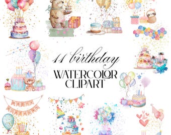 Alles Gute zum Geburtstag 11 Party Cliparts bündeln, druckbare Aquarell digitaler Download Aquarell Bday Pngs, Geburtstagseinladungen Karte Dekor Luftballons