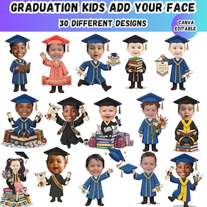May include: A digital illustration of cartoon children in graduation outfits. Each child is wearing a mortarboard and gown, holding scrolls, books, or a graduation banner. The image includes the text "GRADUATION KIDS ADD YOUR FACE" and "30 DIFFERENT DESIGNS".