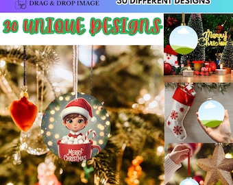 30x Ornament Mockups Bundle Canva Bearbeitbares Keramik Rundes Ornament Ziehen und ablegen Drucken Vorlagen Kreis Herz Stern Schneeflocke Ornament Pngs