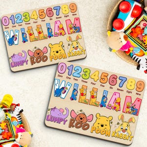 Rompecabezas de madera personalizado de Winnie the Pooh con nombre, regalo personalizado para bebé con números y personajes, juguete Montessori para niños pequeños, primer regalo para niño, regalo de Disney