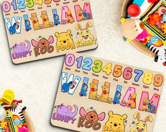 Personalized Winnie the Pooh Wooden Name Puzzle,Custom Baby Gift with Numbers & Characters,Montessori Toddler Toy, 1st Gift Boy, Disney Gift