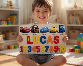 Gepersonaliseerde autonaampuzzel met cijfers, houten speelgoed voor peuterjongen, Lightning McQueen aangepast cadeau, Disney Cars, eerste verjaardagscadeau