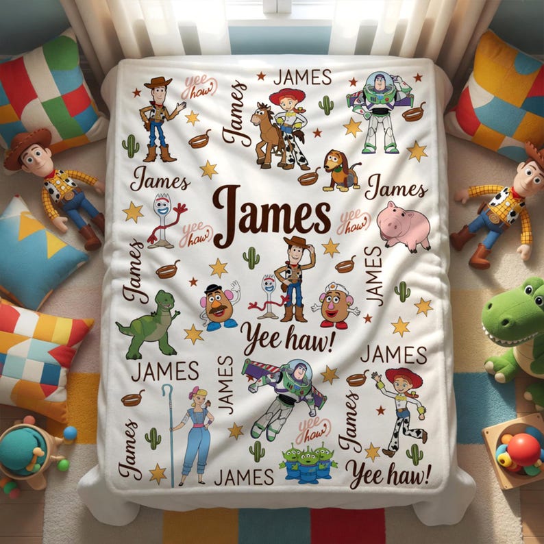 Puede incluir: Una manta blanca con personajes de Toy Story, estrellas y cactus. El nombre "James" se muestra de forma destacada, junto con las frases "Yee haw!" y "Yee chow!". La manta est&aacute; rodeada de coloridas almohadas y juguetes.
