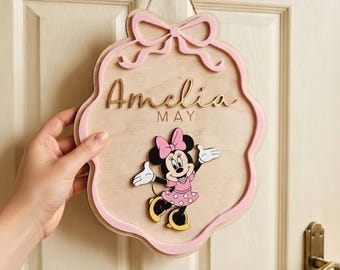 Disney Minnie Wooden Name Sign, Personalized Baby Girl Room Decor, Cute Minnie Mousse Nursery Wall Sign, Custom Kids Door Hanger