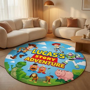 May include: A round area rug featuring a blue sky background with white clouds and green grass. The rug displays cartoon characters including a cowboy, a cowgirl, a space ranger, a green dinosaur, two potato figures, and a pig. Text reads LUCAS'S STORY ADVENTURE.
