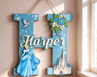 Personalized Princess Name Sign, Custom Monogram Wooden Wall Decor, Disney Princess Nursery Door Hanger, Birthday Gift Girl Bedroom Decor
